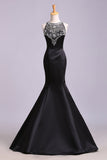 Sexy Black Mermaid Beads High Neck Satin Button Cheap Prom Dresses Party Dress