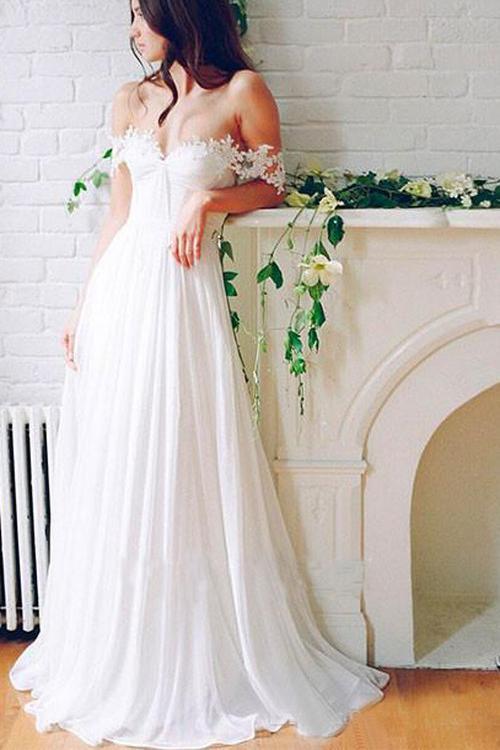 A Line Chiffon Sweetheart Lace Off the Shoulder Beach Wedding Dresses with Pleats PW276
