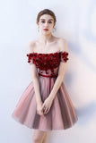 A Line Strapless Off the Shoulder Red Flowers Short Tulle Lace up Homecoming Dresses