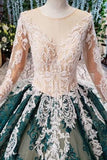 Green Long Sleeves Ball Gown Lace Prom Dress with Appliques Long Quinceanera Dress