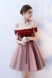 A Line Strapless Off the Shoulder Red Flowers Short Tulle Lace up Homecoming Dresses