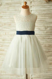Princess Ivory Beautiful Lace and Tulle Scoop Open Back Cheap Flower Girl Dresses with Bow