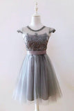 A Line Gray Cap Sleeves Lace up Appliques Tulle Scoop Short Homecoming Dresses