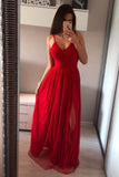 A Line Spaghetti Straps Red See Through Long Silver Simple Tulle Prom Dresses with Slit