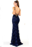 Mermaid Deep V Neck Royal Blue Lace Appliques Backless Spaghetti Straps Prom Dresses