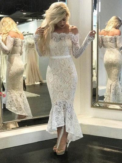 Mermaid Ivory Straight Across Floor-Length Long Sleeve Appliqued Lace Wedding Dresses