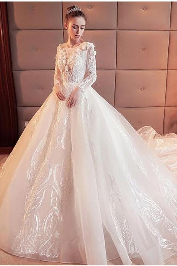 2022 Gorgeous Scoop Lace Appliques Flowers White Organza Long Sleeve Wedding Dresses