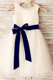 Ivory A-line Scoop Sleeveless Bowknot Tea-Length Tulle Flower Girl Dresses With Belt