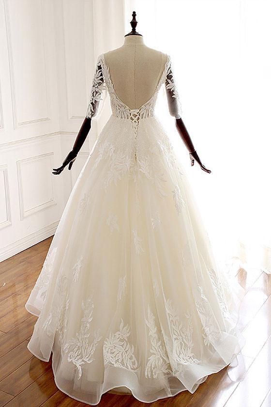 A Line Ivory V Neck Tulle Lace Half Sleeve Organza Long Prom Dresses Wedding Dress