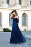 Sexy Off-the-Shoulder Chiffon Half Sleeve Sweetheart Navy Blue Floor Length Prom Dresses