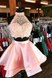 Princess Halter 2 Piece A-line Open Back Sleeveless Lace Mini Short Homecoming Dress