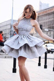 A-Line Round Neck Grey Short Beads Sleeveless Homecoming Dresses with Lace
