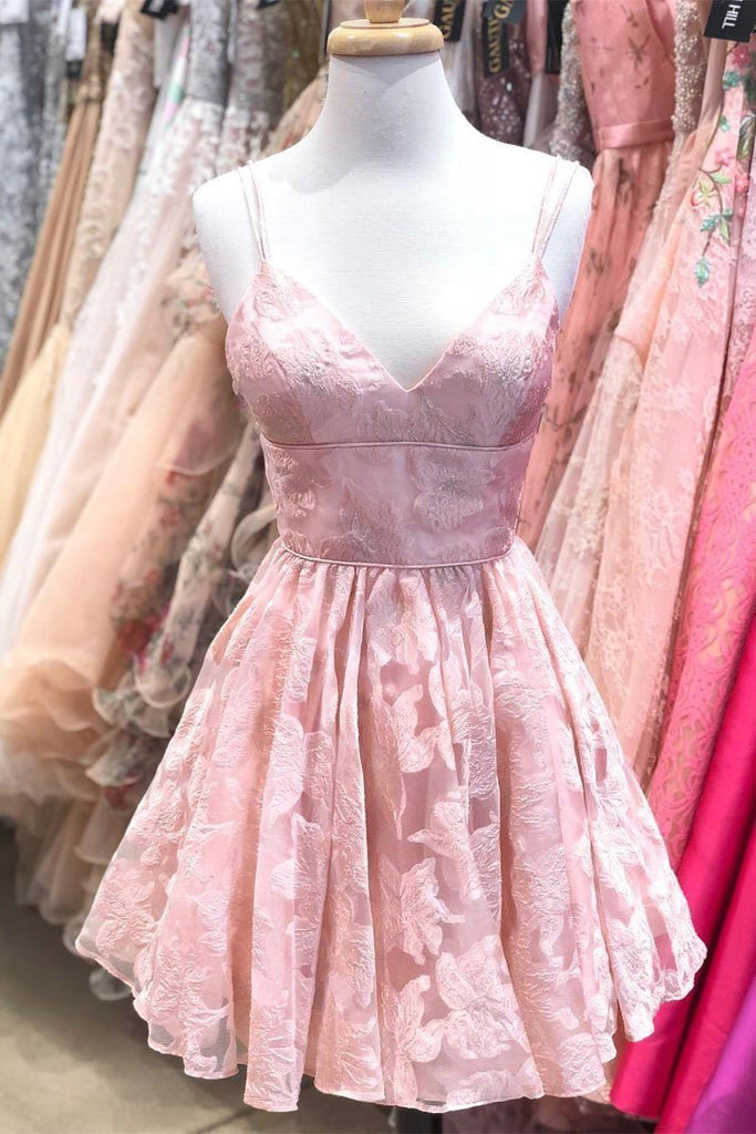 A Line Spaghetti Straps Pink Lace Appliques Jacquard V Neck Short Homecoming Dresses