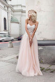 A Line Sweetheart Tulle Pink Prom Dresses with Appliques Beach Wedding Dresses