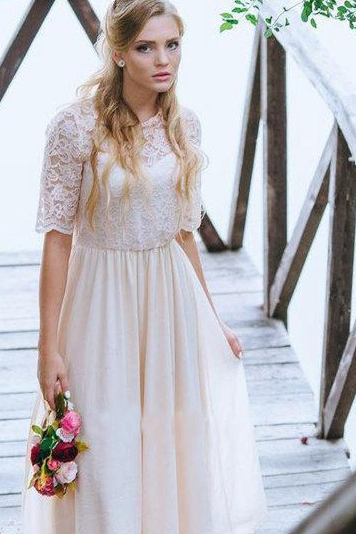 Illusion A Line Half Sleeve Lace Chiffon  Ankle Length Prom Dress With Jewel Neckline PW274